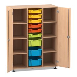 Flexeo� Regalschrank PRO, Buche hell, 3 Reihen, 9 Boxen S und M, bunt A, 2 T�ren, Sockel, Schloss