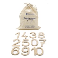 F�hlzahlen aus Holz, Schuldruckschrift, im Baumwollbeutel