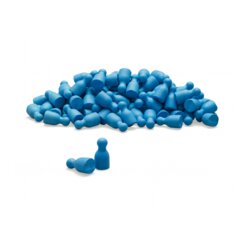 Satz aus 100 Spielfiguren in blau, verpackt im Karton.